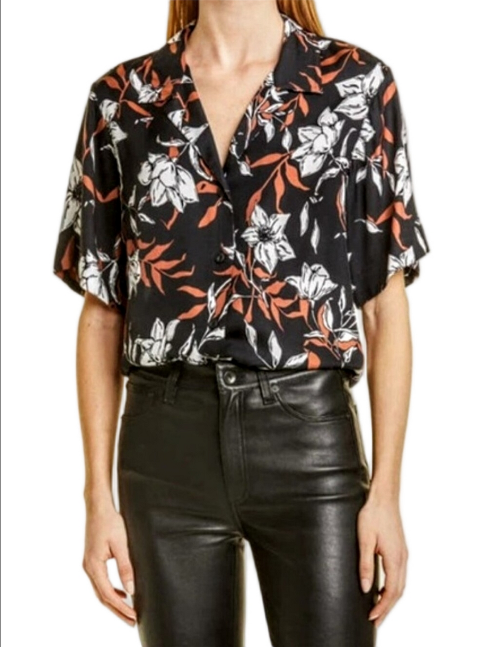 🆕🤎 RAG & BONE "MARE" BLACK SHORT SLEEVE SILK BLOUSE BROWN WHITE FLORAL DESIGNS - Picture 2 of 13